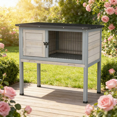 Cage à lapin surélevée en bois avec toit en asphalte et plateau coulissant, cage pour petits animaux résistante aux intempéries pour une utilisation intérieure et extérieure