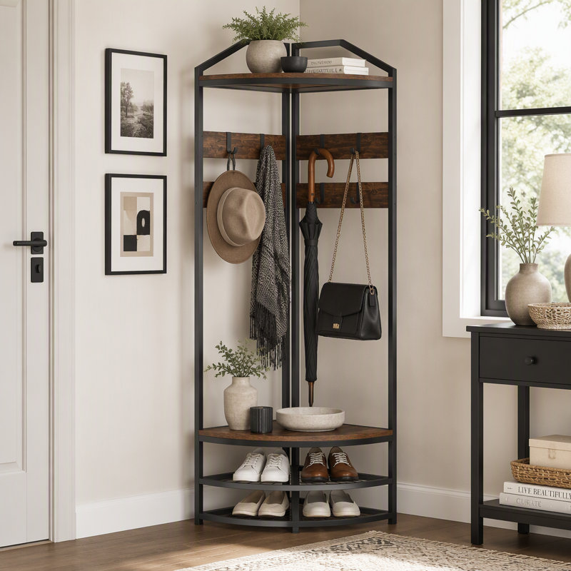 Corner Hall Tree with 8 Movable Hooks & 2-Tier Shoe Storage