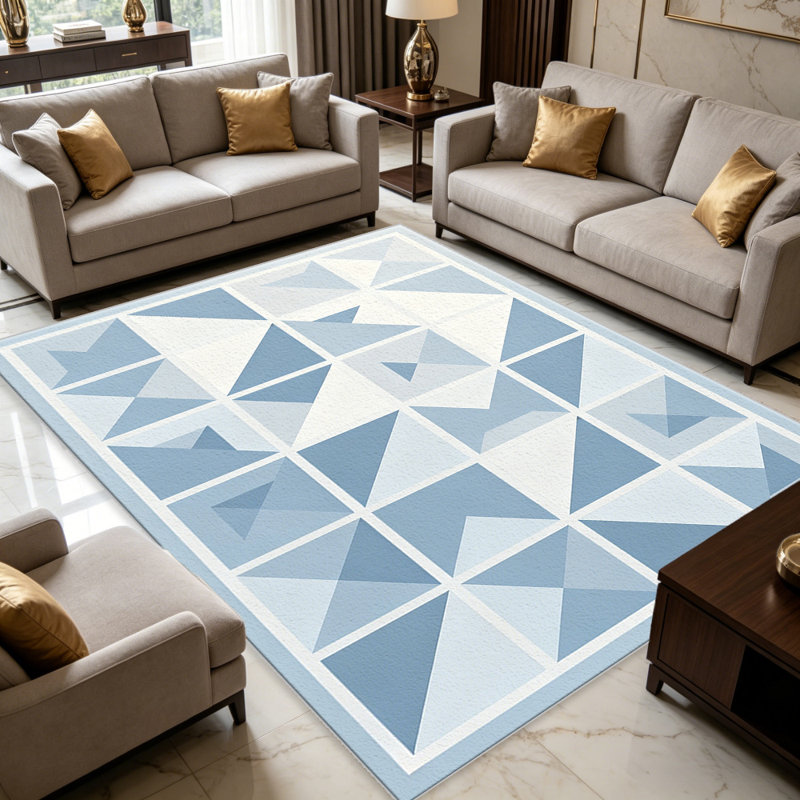 Light Blue Geometric Triangle Grid carpet-easy to clean, machine-washable, soft and comfortable; suitable for door mats, kitchens, living rooms, bedrooms, corridors, and laundry areas. Easy to clean, durable carpet for home decoration.