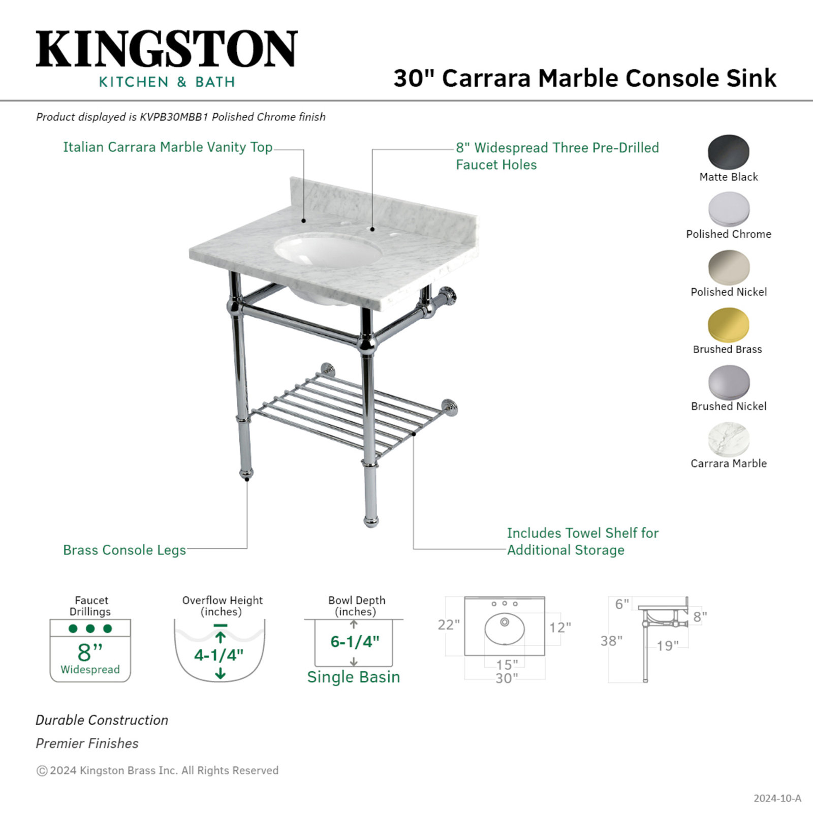 Templeton 30" Marble Console Sink, Carrara Marble/Brushed Nickel