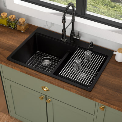 33"L x 22"W Quartz Drop In Workstation Kitchen Sink Granite Composite Double Bowl Kitchen Sink with Two Faucet Holes,Bottom Grid
