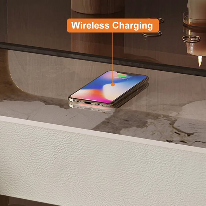 Modern Lighted Brown Nightstand With Wireless Charging Station Acrylic Bedside Table