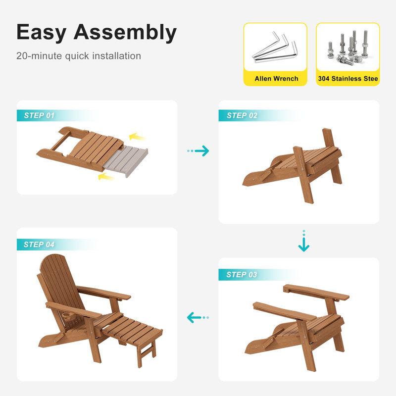 Folding Adirondack Chair with Retractable Ottoman & Cup Holder, 3-Position Adjustable for Patio, All-Weather Outdoor Seating