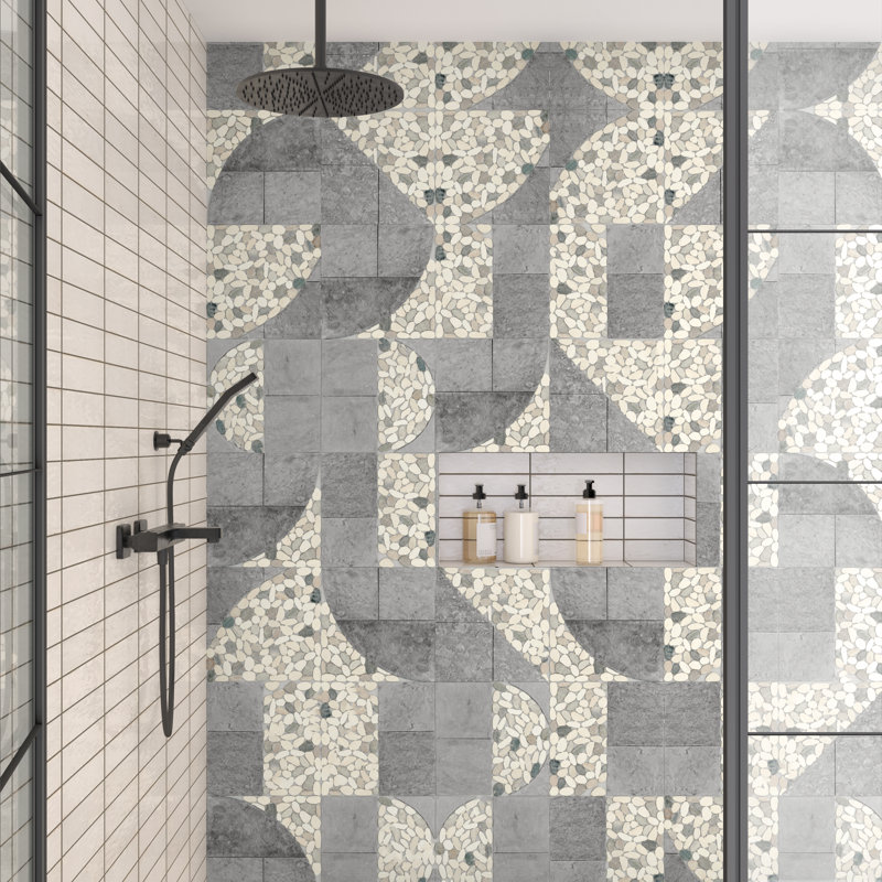 Daltile Pebble Oasis Natural Stone Art Deco Pebble Mosaic 11" x 11" in Honed Coal (11 PC per Carton) (10.78 SQFT per Carton)