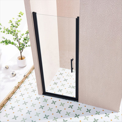 Porte de douche pivotante simple 32 po x l 75,5 po x H 75 po, alliage d'aluminium noir mat, verre trempé clair de 1/4 po (6 mm) d'épaisseur.