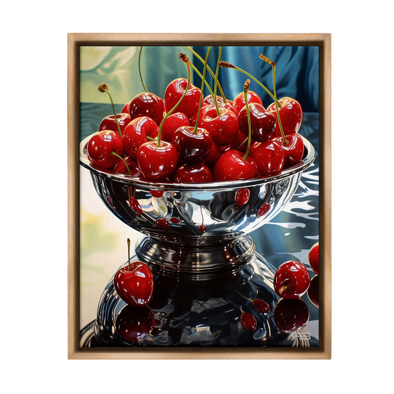 "Bowl Of Cherries Reflection" par RB sur toile, H 21 po x l 17 po, Cadre flottant orme Montalcino