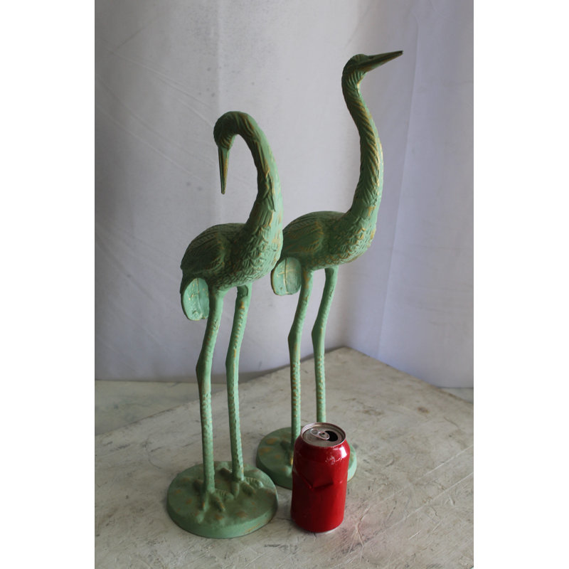Pair of Green Patina Aluminum Crane Sculptures 24" x 14" x 42"H