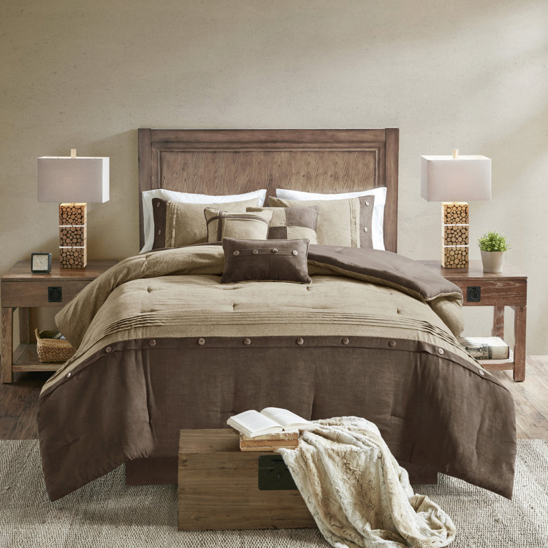 Édredon très grand brun - 7 pièces en faux suède, décor de style chalet en daim brun, boutons décoratifs, Brun