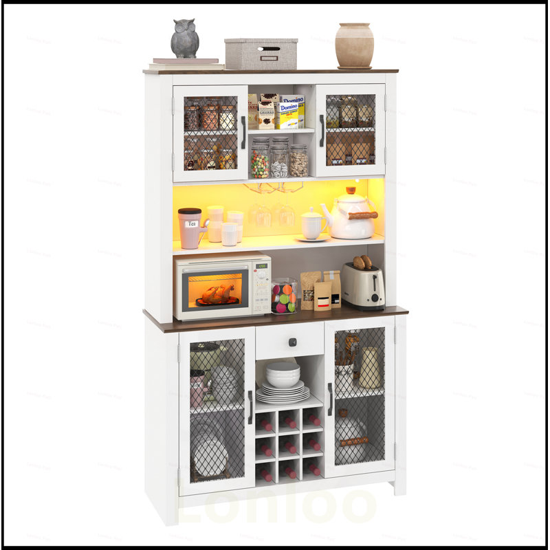 Rustic Kitchen Pantry Storage Cabinet with LED, Outlets, Wine Rack, and Adjustable Shelves for Dining Room, White