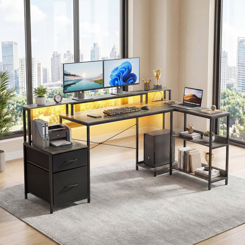 Reversible LED L-Shaped Gray Desk with Storage and Power Outlet, Gray