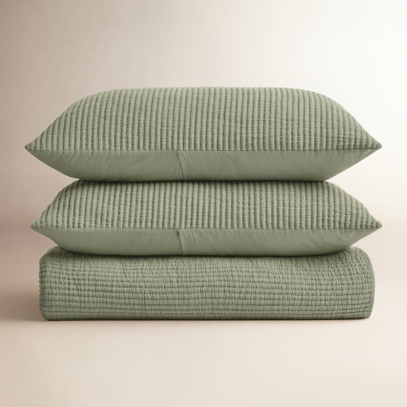 Ensemble de couvre-lit en coton côtelé matelassé, Courtepointe très grand et 2 très grandes taies , Vert sauge