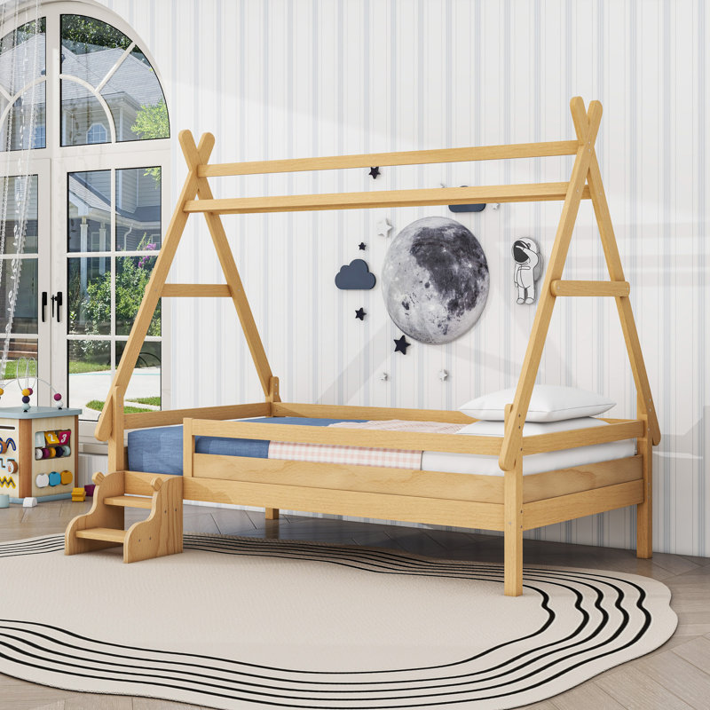 Wooden House Platform Bed With Stairs, Guardrails And Sturdy Slats, Natural, Twin