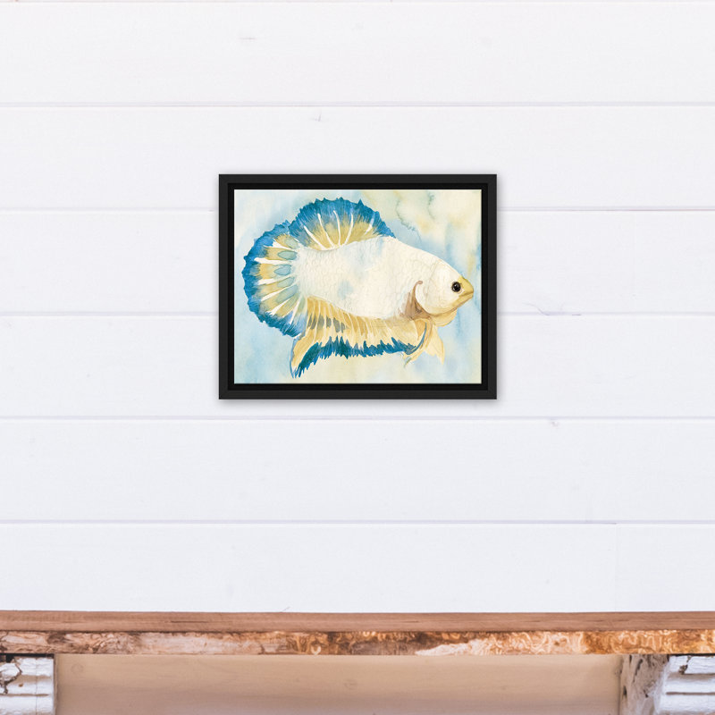 " White And Blue Fish ", 12.75" H x 15.75" W x 1.75" D, Black Floater Frame