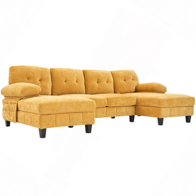 U-Shaped Sectional Sofa 103.5" Chenille Fabric Couch With Dual Chaise Lounges, Storage Pockets And Armrest Pillows For Living Room, Yellow