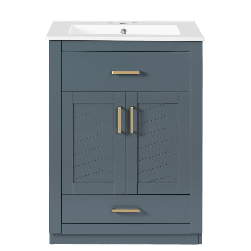 24" Freestanding Bathroom Vanity With Ceramic Top, Blue