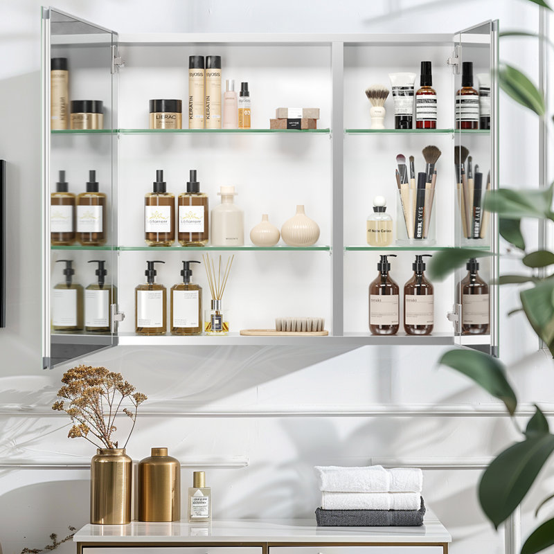 Armoire à pharmacie 30 po x 26 po en aluminium avec miroir, montage en surface ou encastré, grande salle de bain | Idée de cadeau