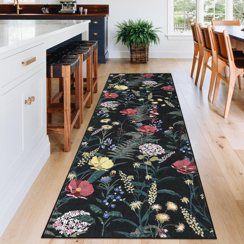 Washable Runner Rug Runner Modern Black Non Slip Kitchen Rugs Low Pile Entryway Rug Soft Bathroom Rugs Stain Resistant Carpet for Bedroom Hallway Laundry Room