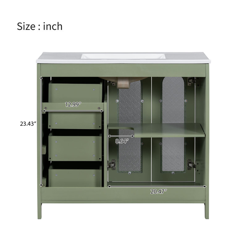 Meuble-lavabo de 36 pouces avec deux portes à fermeture douce, des tablettes réglables et trois tiroirs, Vert