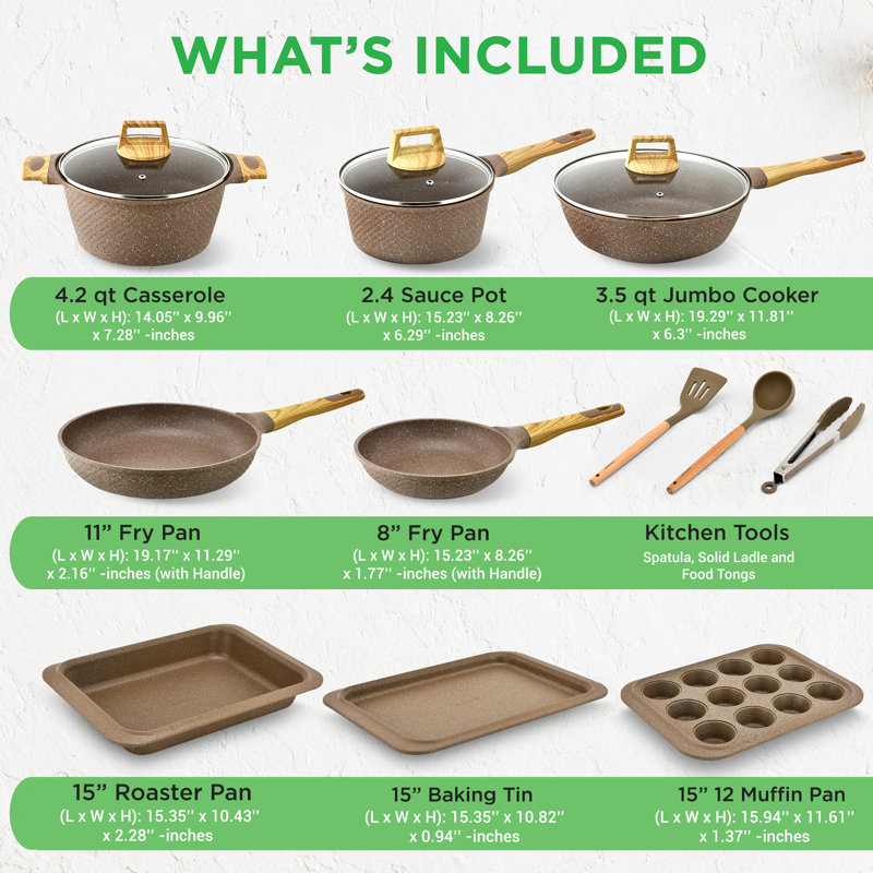22 - Piece Non-Stick Cookware Set, Beige Wood/Cream