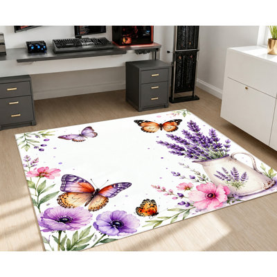 Tapis aquarelle à motif floral papillon, motif de papillons à fleurs mauves vives et roses, tapis de sol intérieur antidérapant et doux, décoration artistique pour salon, chambre à coucher, cuisine, appartement, dortoir