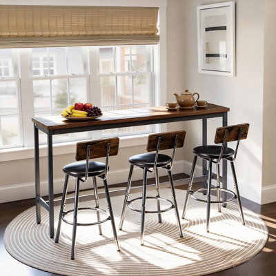 Ensemble de longue table de bar avec 3 tabourets de bar rembourrés en polyuréthane, table de bar industrielle et chaises pour table de petit-déjeuner de cuisine, salon, salle de banquet, brun rustique et noir, L 63 po x l 15,7 po x H 37,5 po