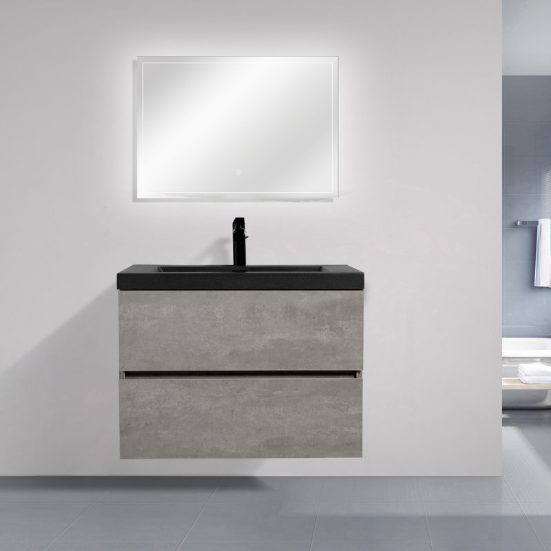 30 po Meuble-lavabo mural flottant avec comptoir simple en quartz noir gris, 30"