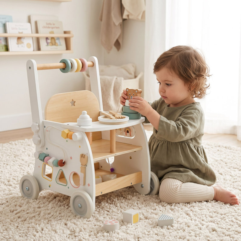 Poussette et centre d'activités en bois avec jeu de rôle, trieur de formes et rangement