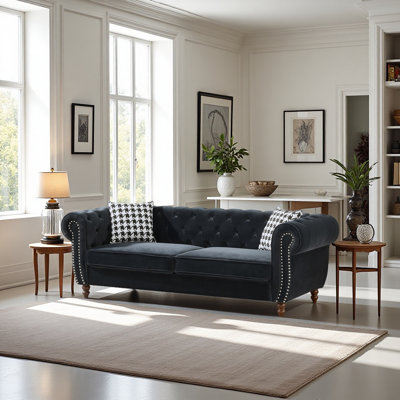 Canapé 87 po en tissu d'ameublement en velours Chesterfield 87 po avec accoudoirs roulés et têtes de clou, canapé rembourré de style Mid-Century, canapé 3 places pour le salon,