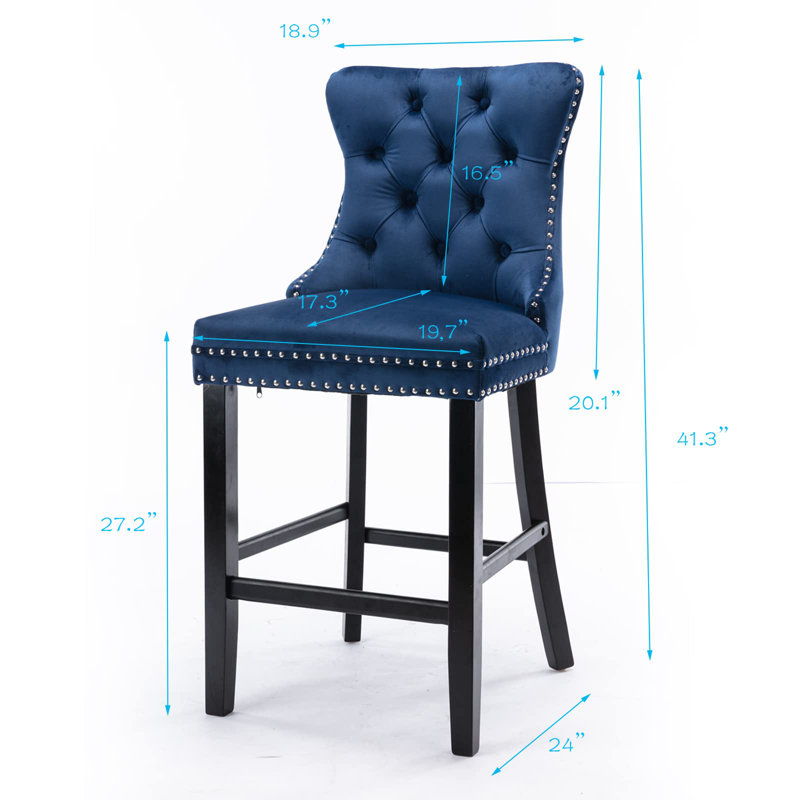 Tabouret de bar rembourré en velours avec dossier capitonné, Marine, Noir, 4
