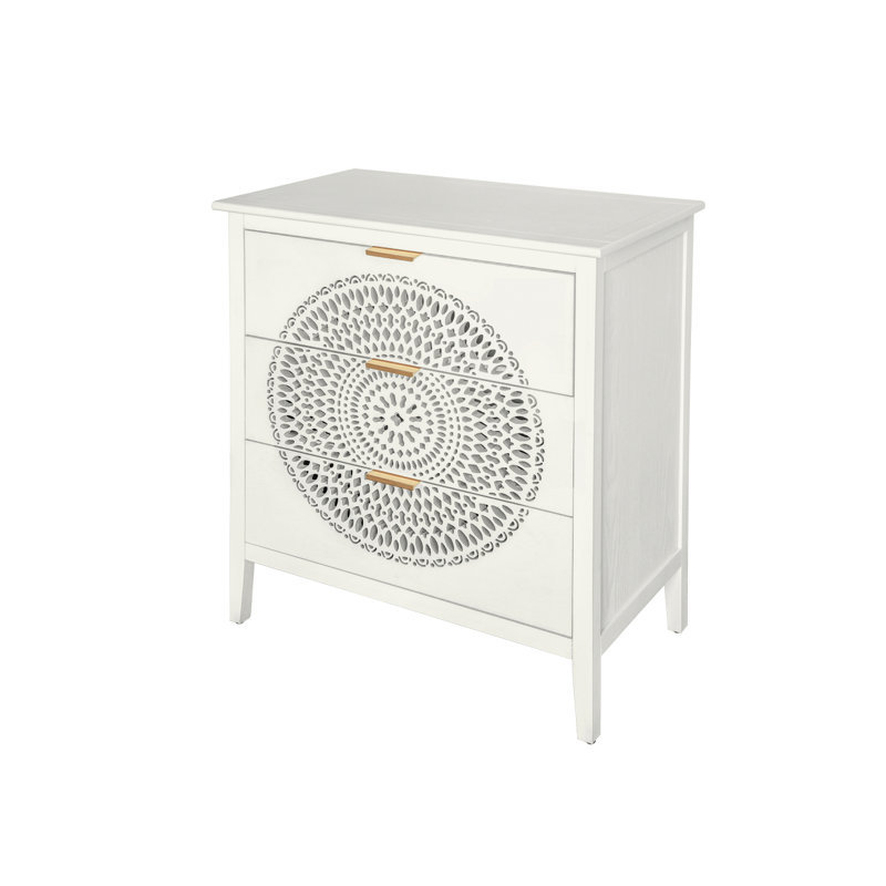 Commode 3 tiroirs avec commode en bois sculpté creux avec poignées en métal, Beige