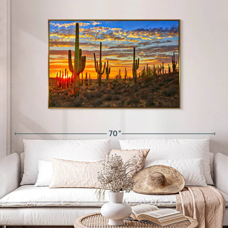 Cactus coucher de soleil, 46 po x 31 po, Cadre flottant doré