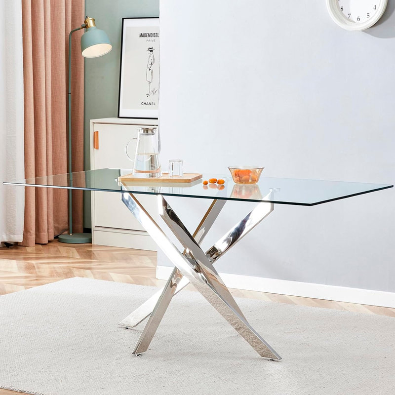 Glass Top Metal Base Dining Table, Chrome