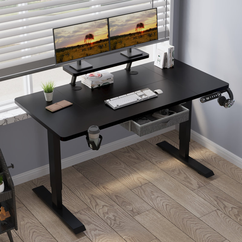 Lasherrie Height Adjustable Standing Desk With A Layer, Oak/White, 49" H x 63" W x 30" D