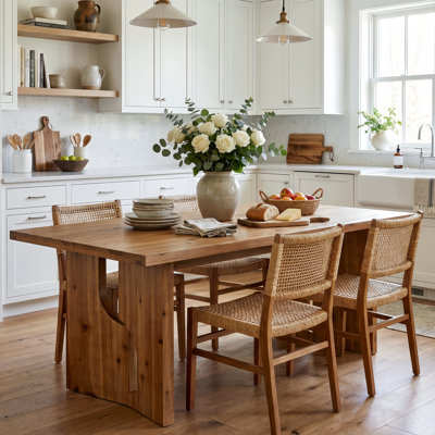 63" Solid Wood Dining Table, Modern Farmhouse Rectangular Kitchen Table With Unique Open Legs, Seats 4-6, For Dining Room & Small Spaces