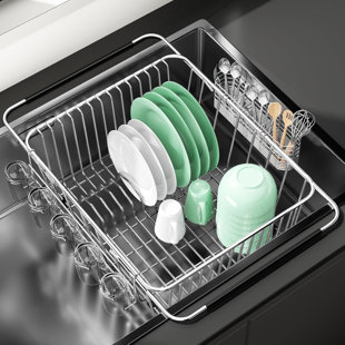 Stainless Steel Dish Drying Rack For Kitchen Sink - Extendable Over The Sink Drainer With Utensil & Cup Holders, Rustproof Dish Rack For Plates, Glasses, Pots And Pans