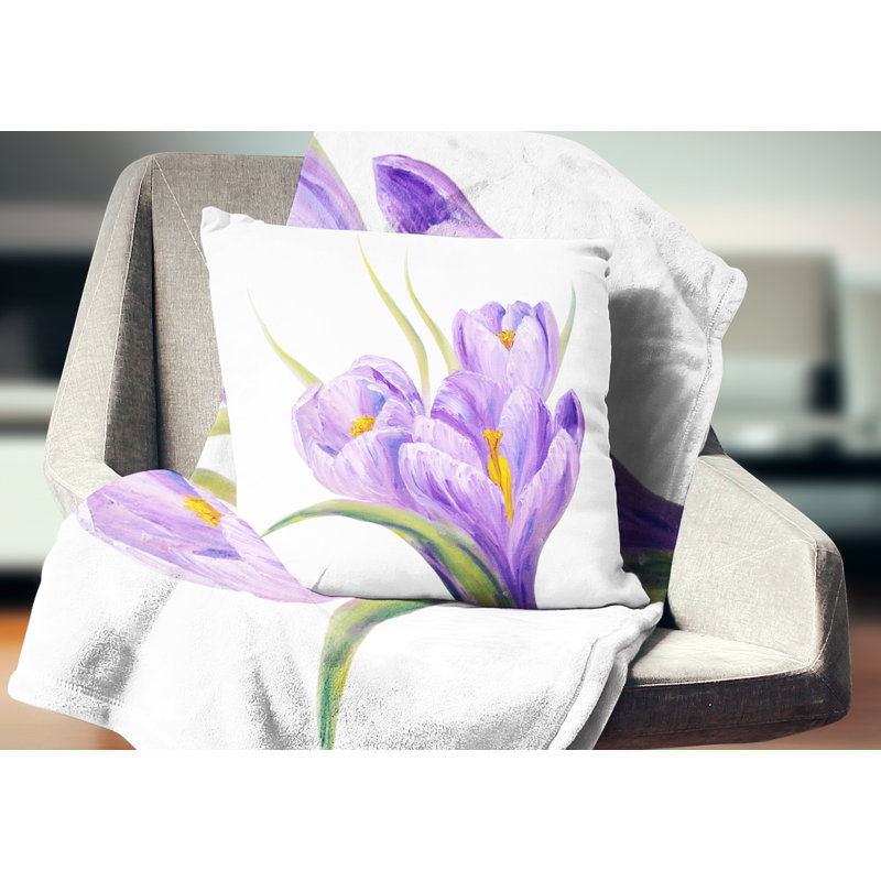 Crocus sur fond blanc - coussin à imprimé floral, 16 po x 1 po, Coussin décoratif