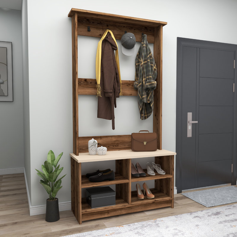 Shoe Storage Hall Tree with Lakay, Light Walnut/Beige