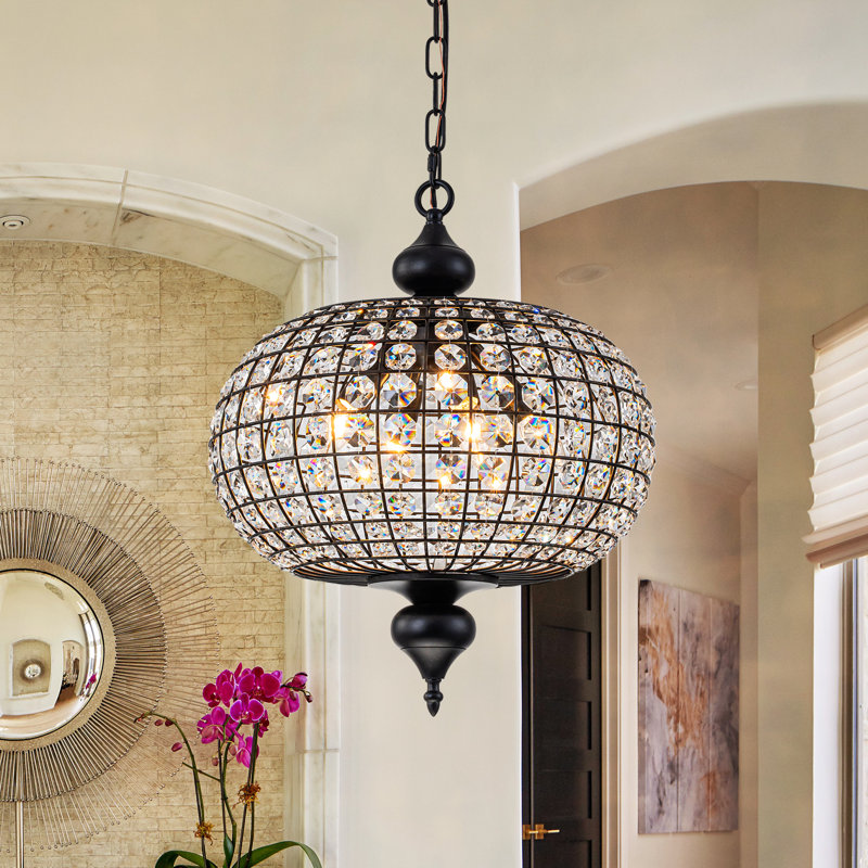 4-light Antique Brass Crystal Globe Chandelier, Matte Black, 98.42" H x 16.34" W x 16.34" D