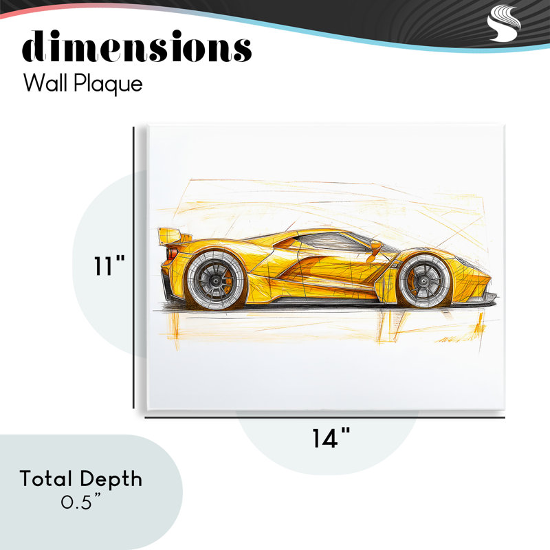Plaque murale jaune de fantaisie de voiture de sport, design par Steve Hunziker