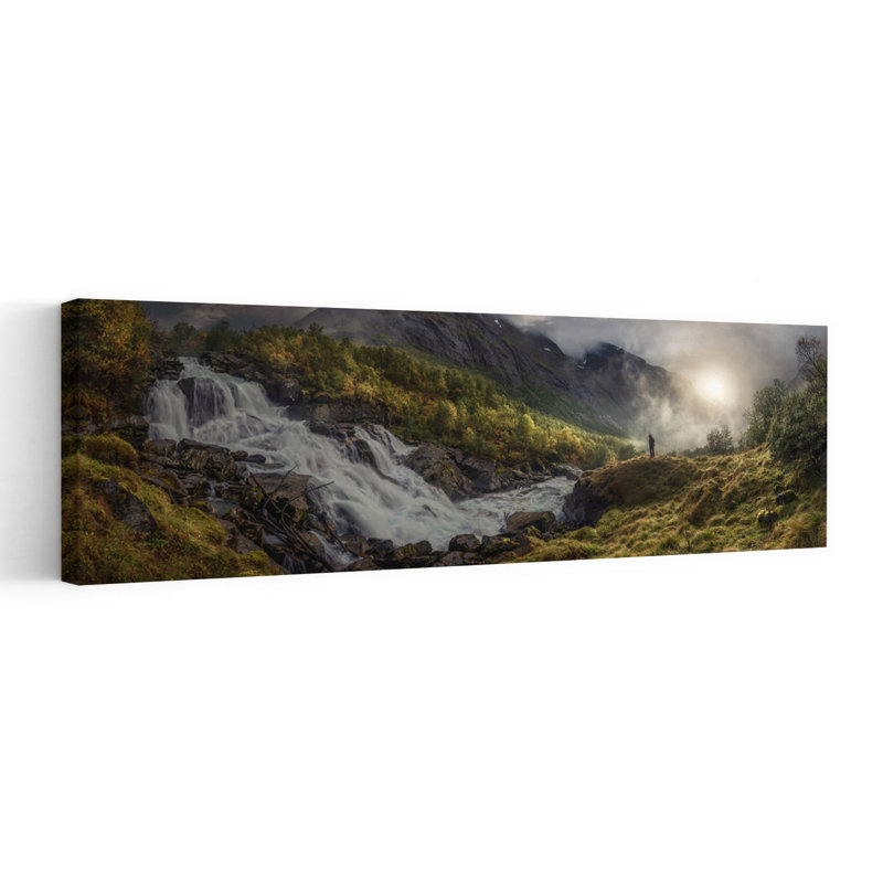 Cascade de montagne, paysage dramatique paisible, forêt sereine, art mural, H 48 po x l 16 po