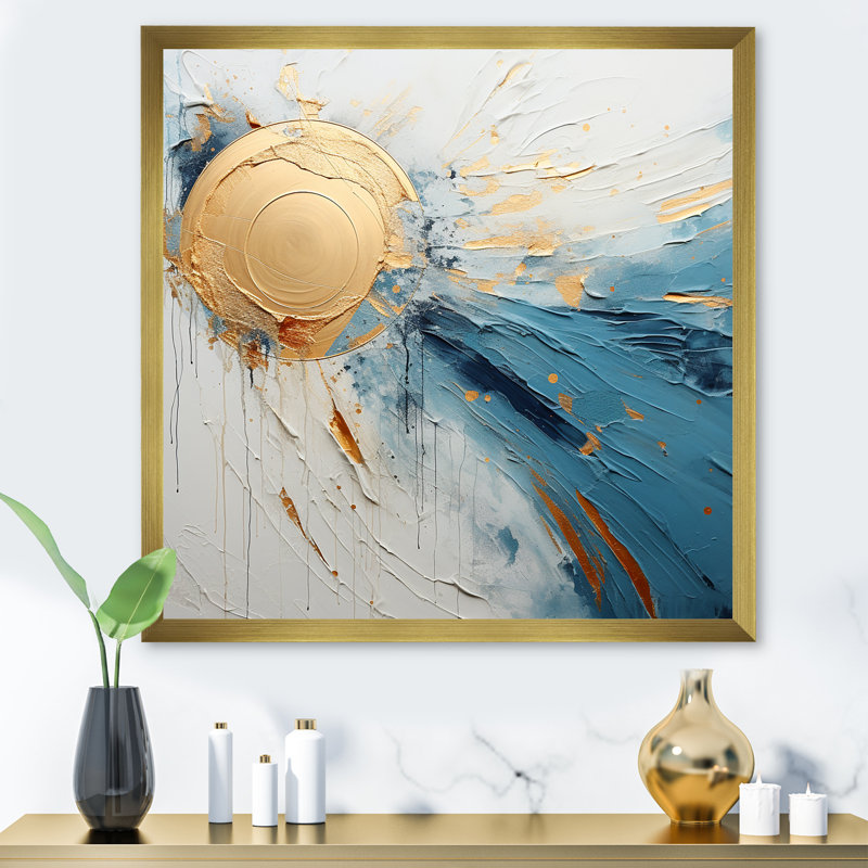 Peinture cosmique dorée et bleue - Décoration murale abstraite, Cadre doré simple, H 36 po x l 36 po x P 1,5 po