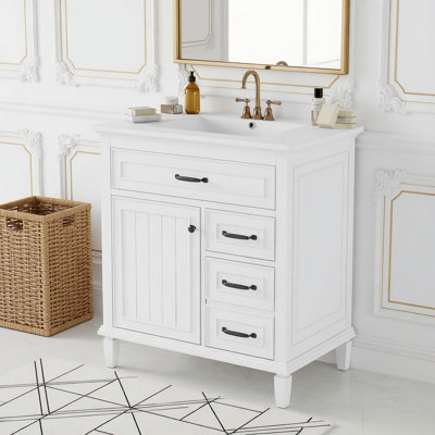 Meuble-lavabo de 30 po avec comptoir en céramique, structure en bois massif, armoire en MDF et pin, tiroirs rabattables, tablette réglable et poignées en alliage de zinc, armoire de rangement autoportante