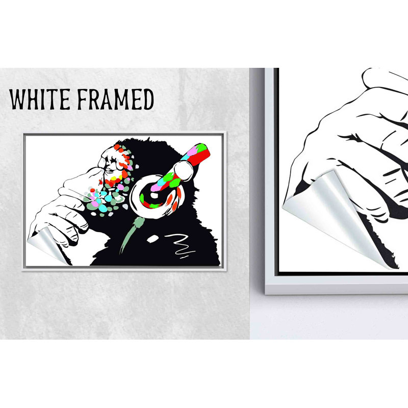 Reproduction d'art sur toile imprimée: Graffiti Gorilla avec écouteurs par Banksy Monkey, 1P WhiteFramedCanves
