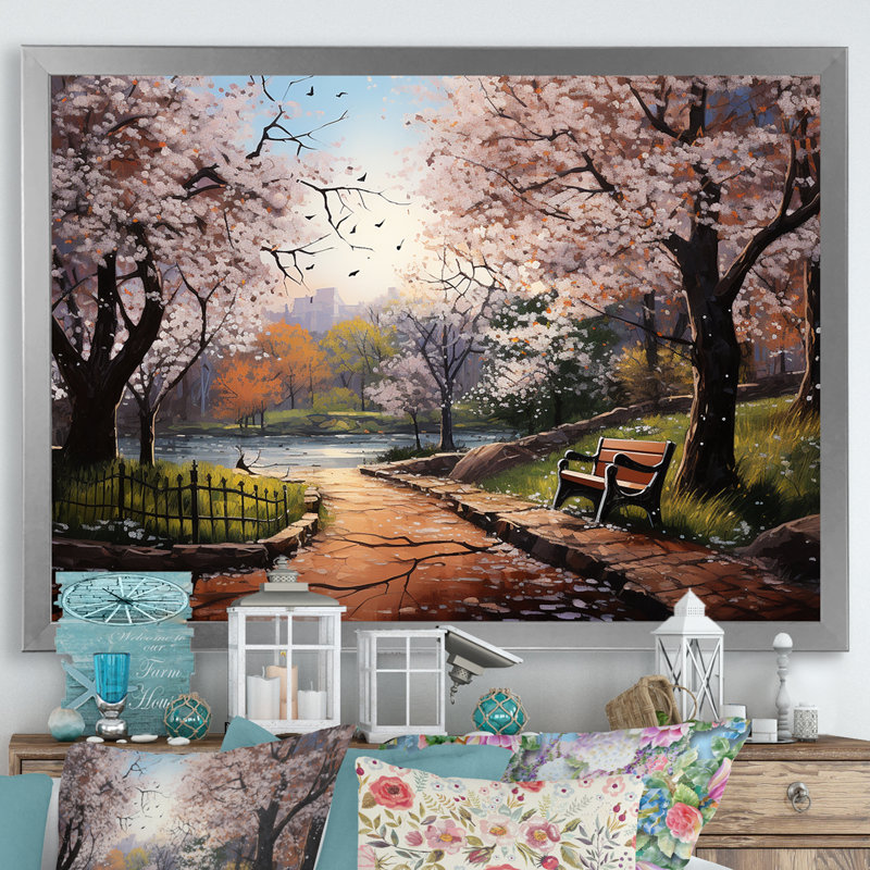 «Pink Springtime Park Floral Canopy I», art mural sur toile, Cadre de coin argenté fermé, H 34 po x l 44 po x P 1,5 po