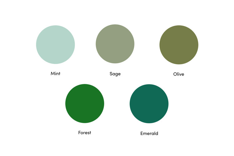 color swatches showing the difference between shades of green: mint, sage, olive, forest, and emerald