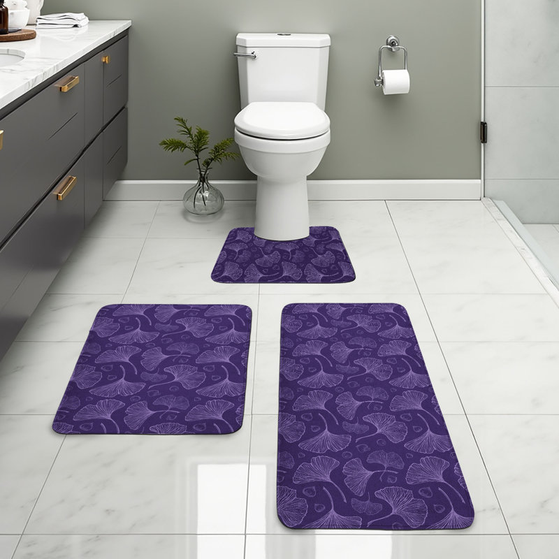  Gingko Bathroom Rug Set 3 Pieces U-Shape & Rectangle Mats Violet Dark Purple