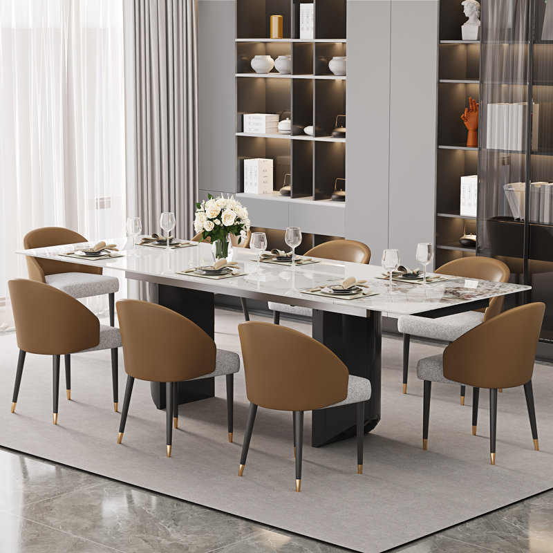 Ensemble de table de salle à manger 9 pièces avec table de salle à manger extensible en pierre frittée de 63 à 94,5 po avec 8 chaises rembourrées en cuir Fuax