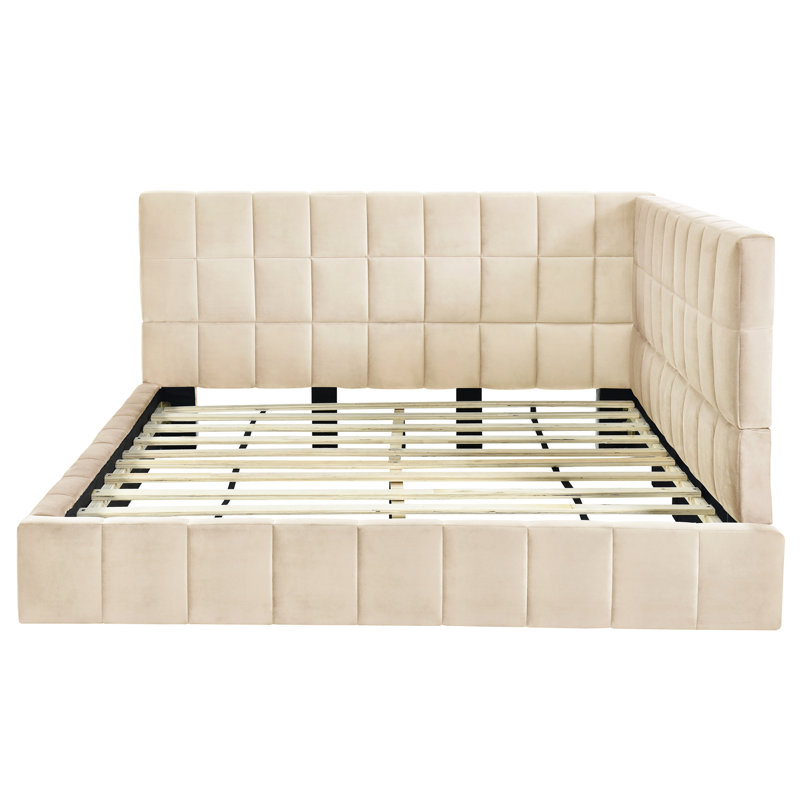 Structure de lit de jour beige avec cadre de lit double - aspect Mid-Century, polyvalente pour la chambre à coucher, avec lattes supplémentaires de style moderne, revêtement en velours, ensemble