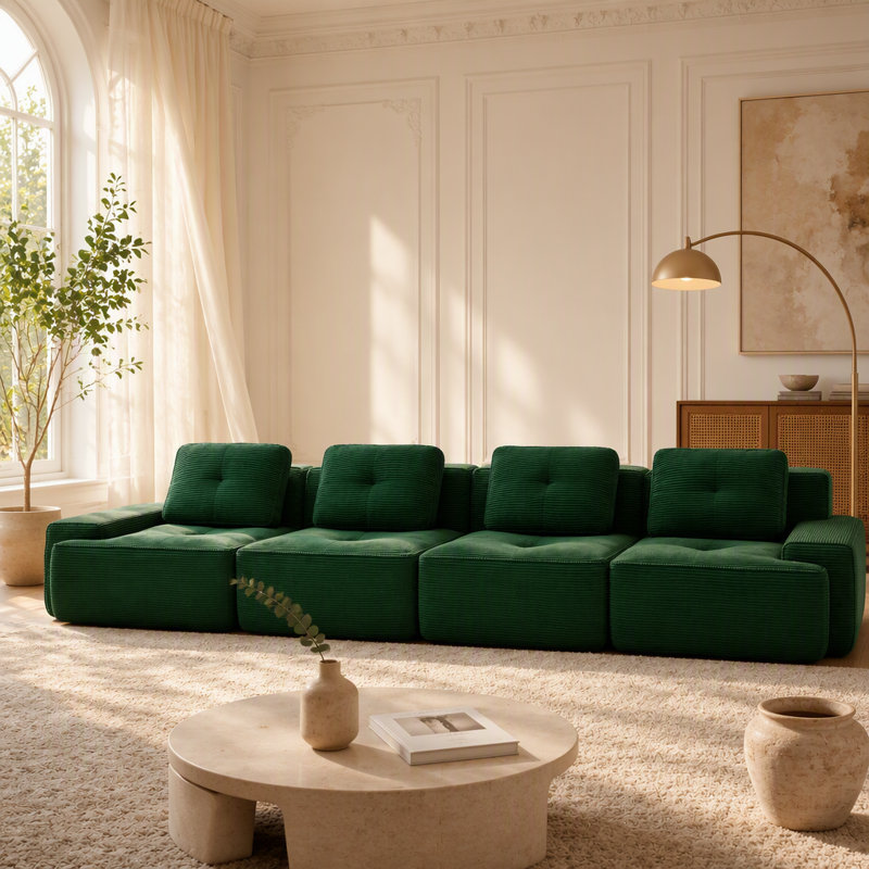 Canapé modulaire moderne en forme de U avec tissu velours côtelé, assise profonde et repose-pieds mobile, Velours côtelé vert