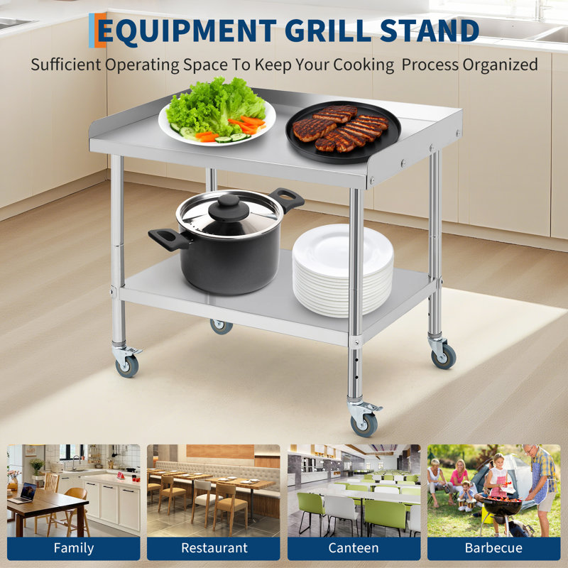 Table de préparation 28 po x 24 po en acier inoxydable avec roulettes verrouillables, chariot utilitaire à hauteur réglable pour cuisine commerciale